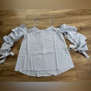 After Market Cold-Shoulder Tie-Sleeve Top Blue White stripes Women’s Size S New